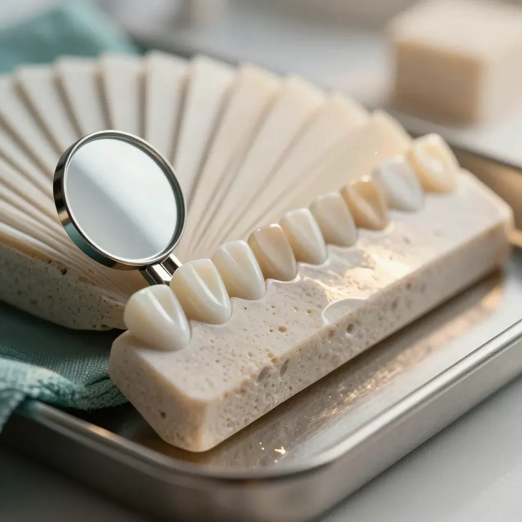 Shade guide fan, veneer shell and metal mirror aligned in a dental macro close-up on travertine.