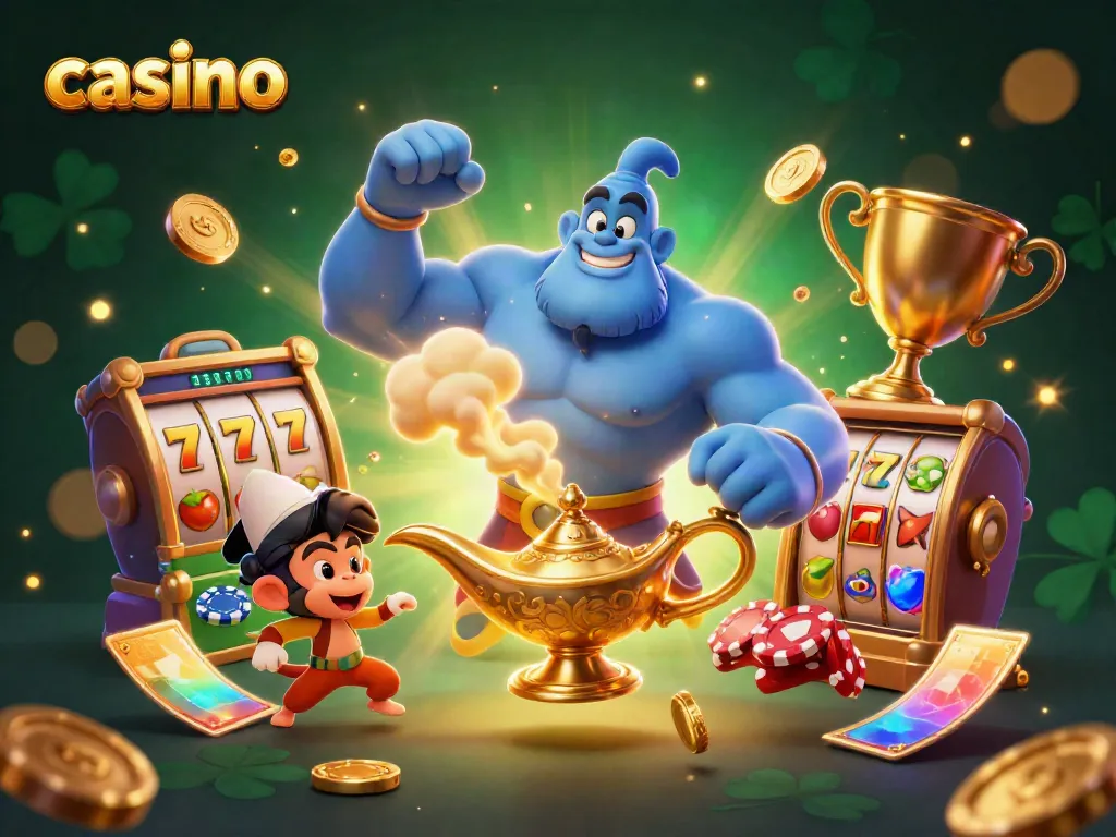Experience thrilling casino action with a genie, monkey, and vibrant poker chips flying.