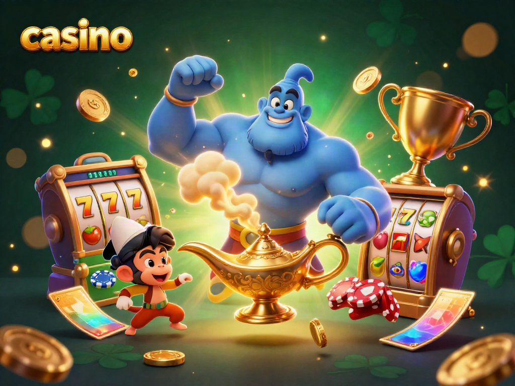Experience thrilling casino action with a genie, monkey, and vibrant poker chips flying.