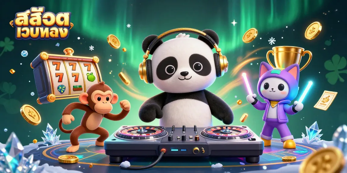 Spin the reels with สล็อตเว็บตรง in this vibrant 3D illustration featuring a DJ panda and playful characters.