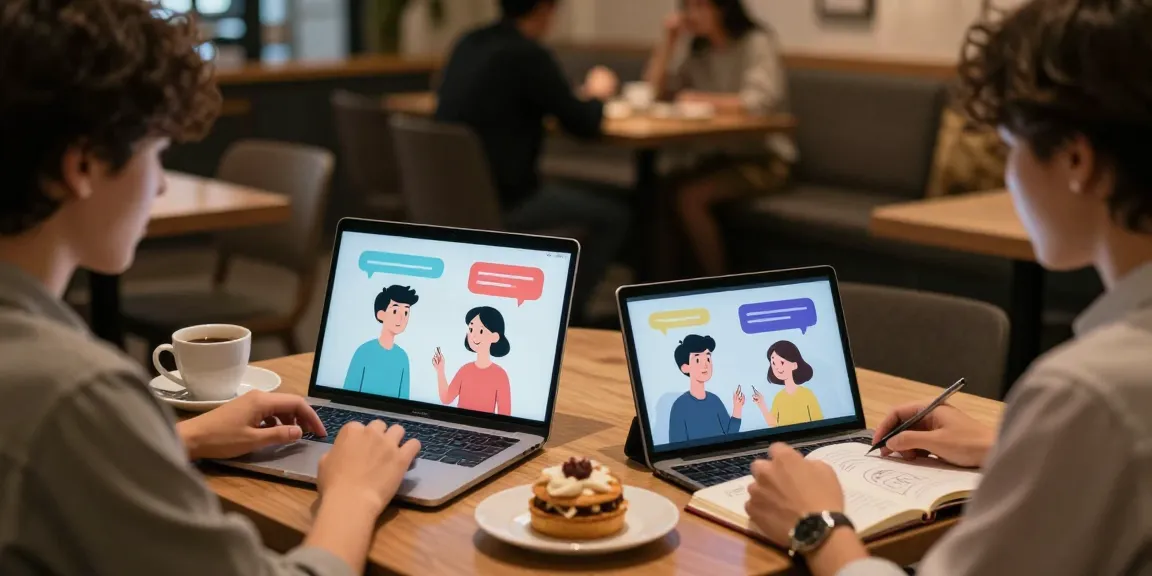 Engaging scene of users enjoying ai nsfw chat in a cozy cafe with animated characters on devices.