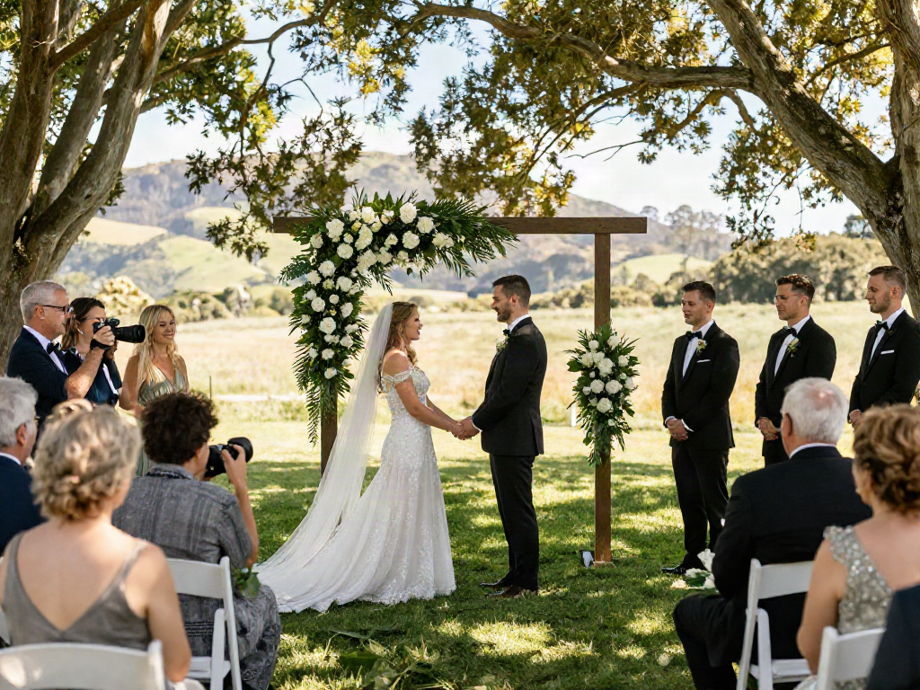 Dunedin wedding photographer capturing an outdoor wedding ceremony in lush surroundings.
