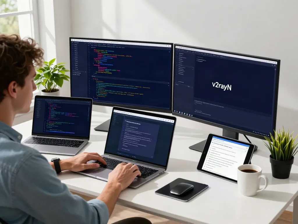 Developer using v2rayN application at a modern workspace with dual monitors displaying code and data