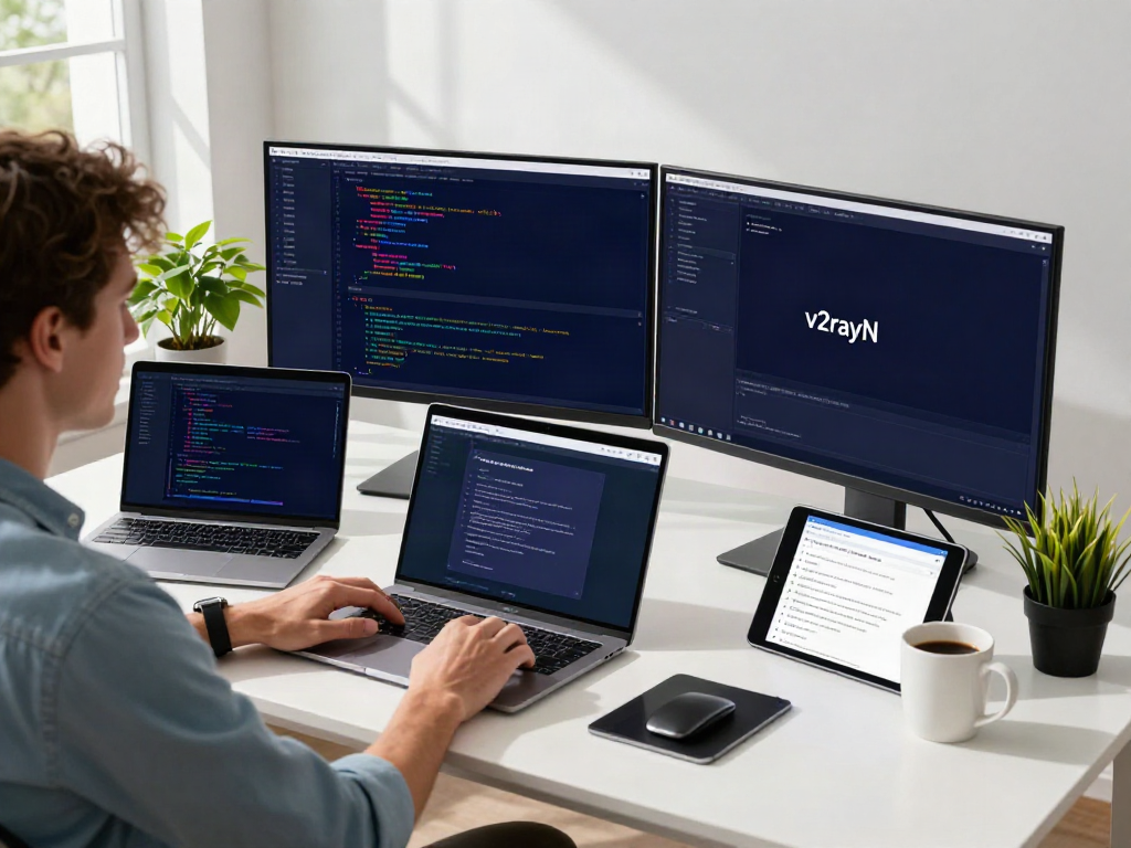 Developer using v2rayN application at a modern workspace with dual monitors displaying code and data