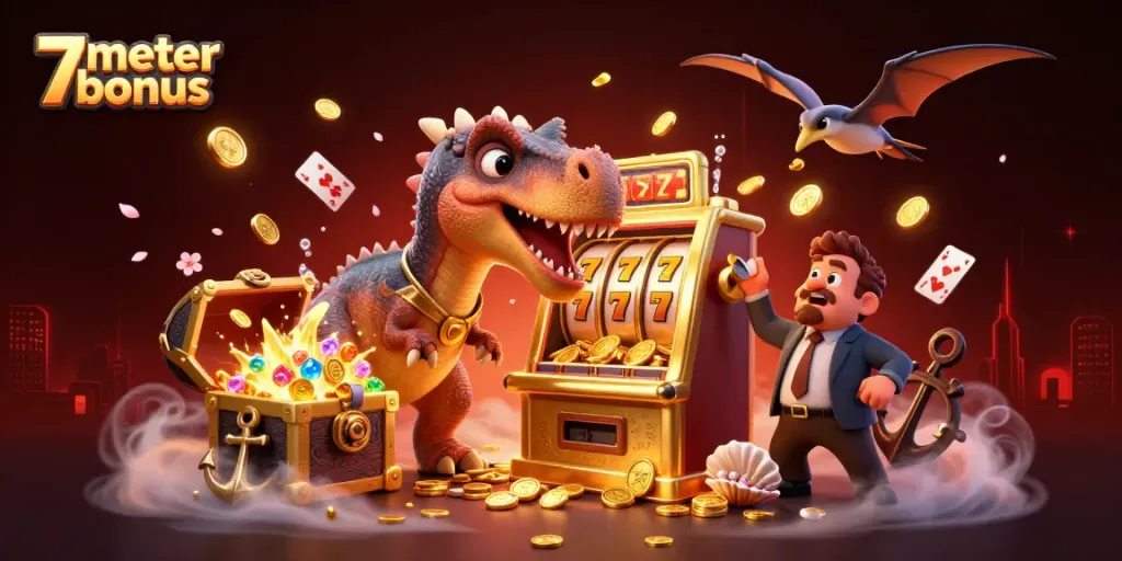 Experience the excitement with the 7meter bonus as a dinosaur plays slots amidst vibrant casino elements.