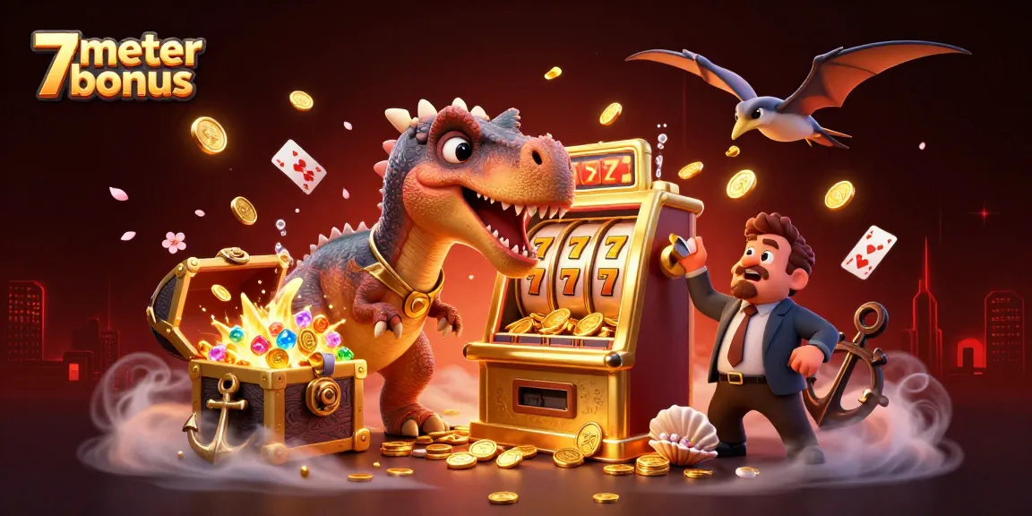 Experience the excitement with the 7meter bonus as a dinosaur plays slots amidst vibrant casino elements.