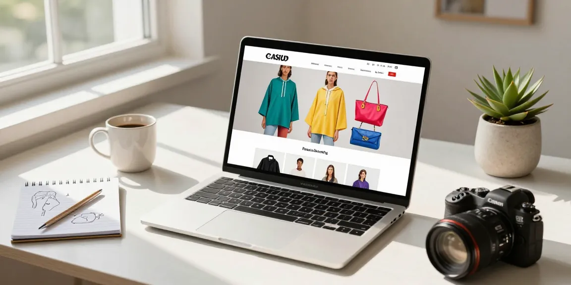Fashionable online shopping scene showcasing shs-dome5.com products on a sleek laptop in a bright workspace.
