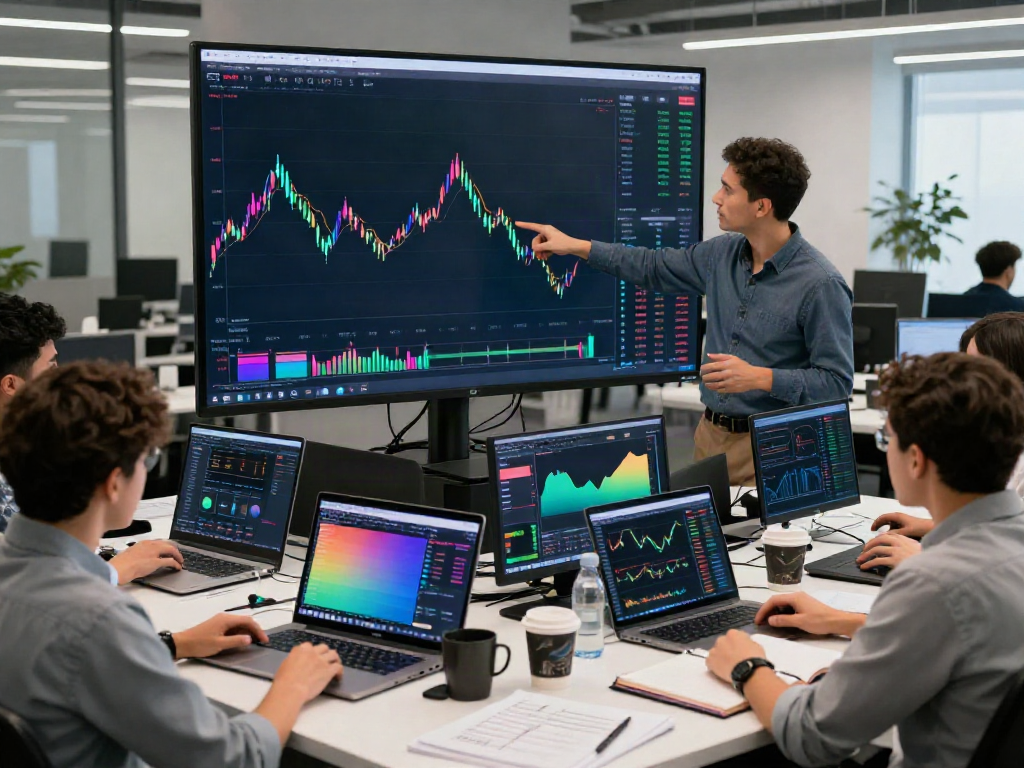 Traders using TradingView for collaborative financial analysis in a modern workspace