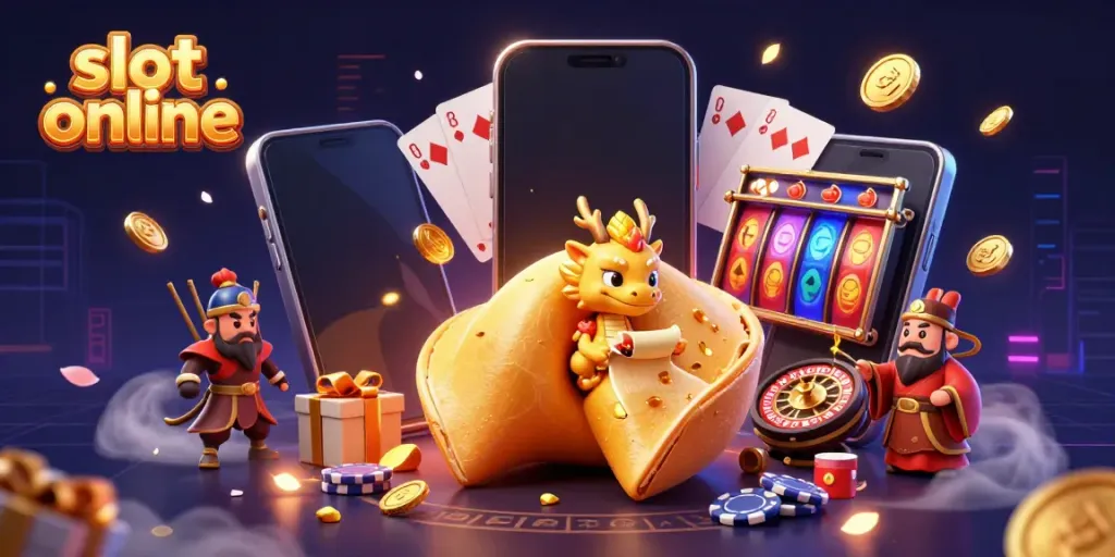 Experience thrilling slot online action with a golden fortune cookie and wise dragon in this vibrant illustration.