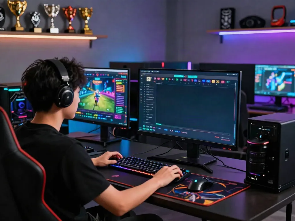 Ruang permainan digital dengan gamer fokus pada Totobet link alternatif, dilengkapi peralatan gaming canggih.