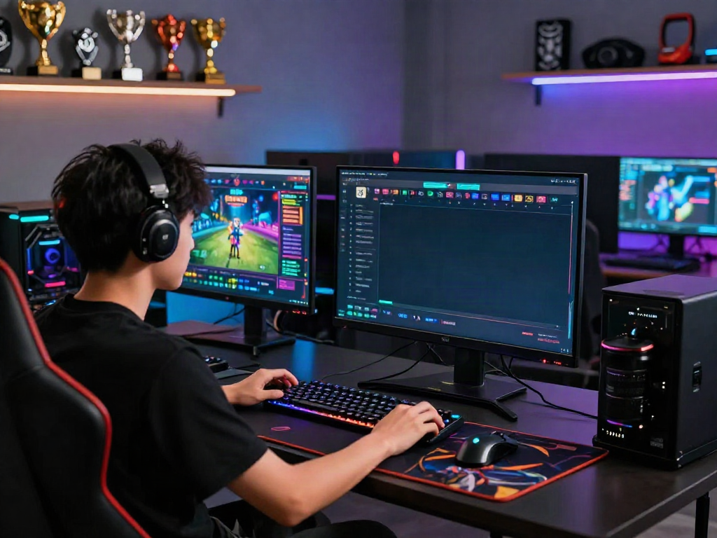 Ruang permainan digital dengan gamer fokus pada Totobet link alternatif, dilengkapi peralatan gaming canggih.