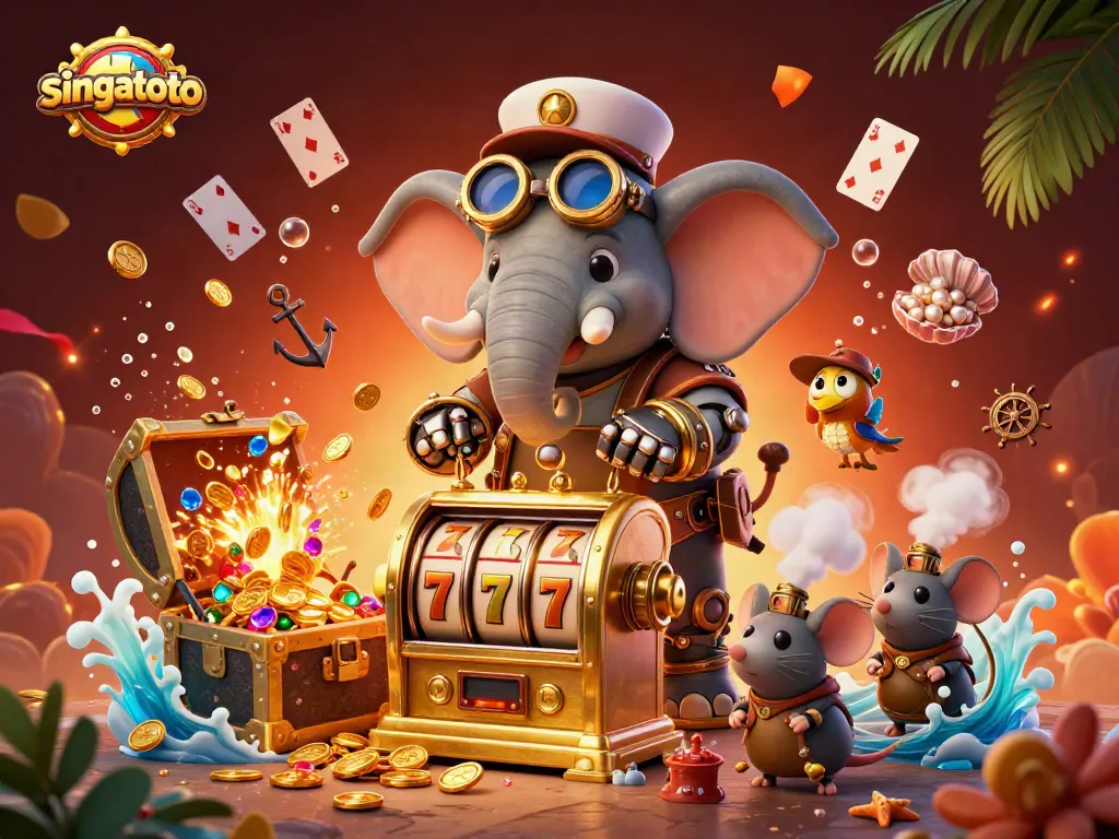 Experience singatoto's thrilling slots with a steampunk elephant and dynamic casino elements.