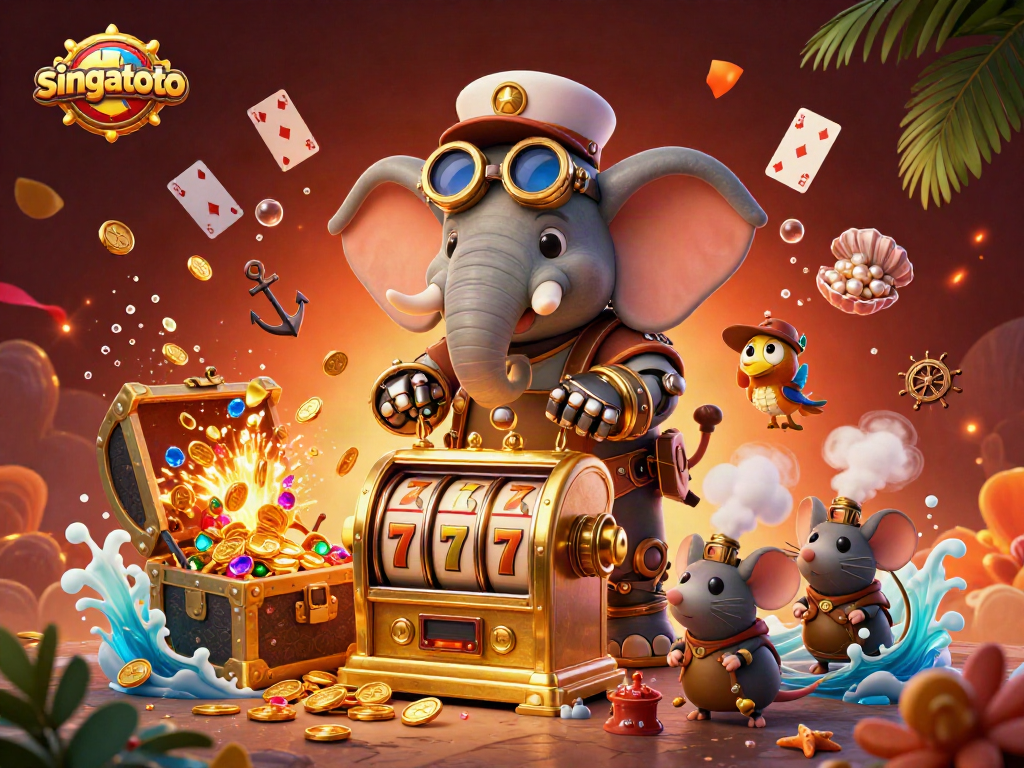 Experience singatoto's thrilling slots with a steampunk elephant and dynamic casino elements.