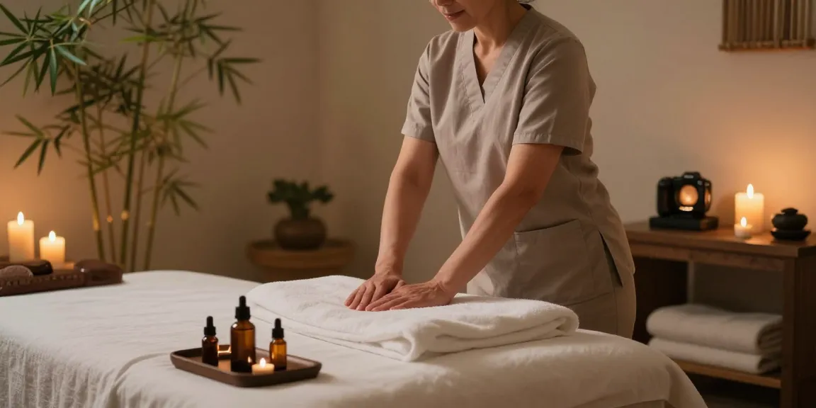 Relaxing Swedish massage scene in a tranquil spa with a therapist preparing the treatment room