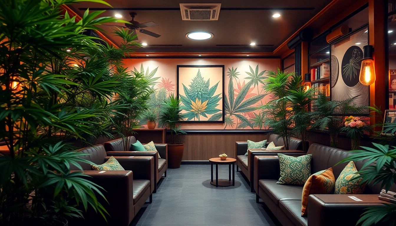 Cannabis clubs Lloret de Mar, interior ambiance with vibrant plants and cozy seating.