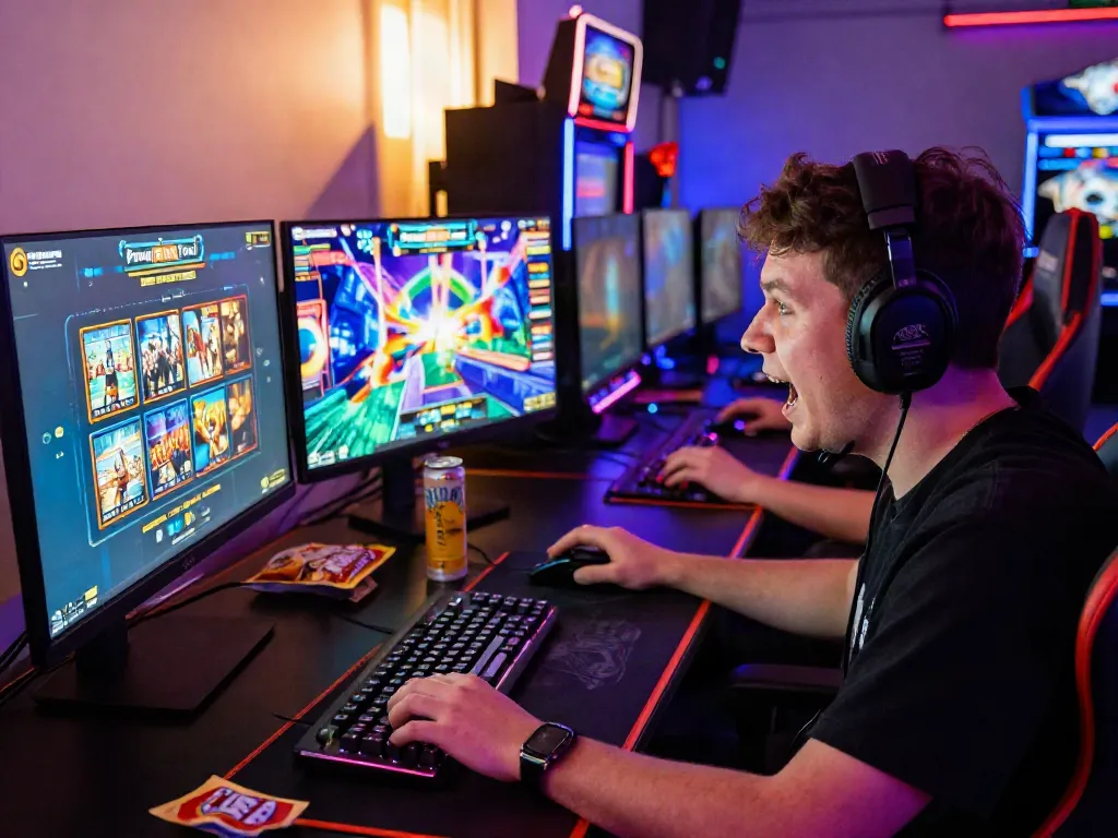 Engaged player enjoying slot online gacor on a vibrant gaming setup with popular titles and colorful slot machines