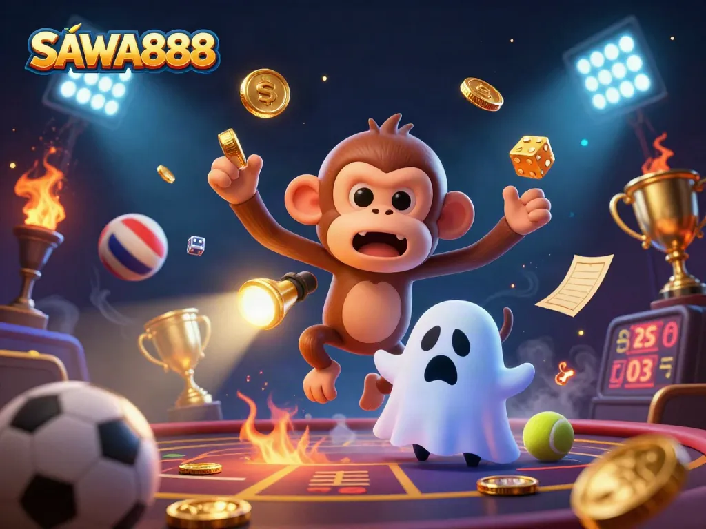 Play thrilling games at SAWA888 with our lively 3D casino illustration featuring dynamic sports elements.