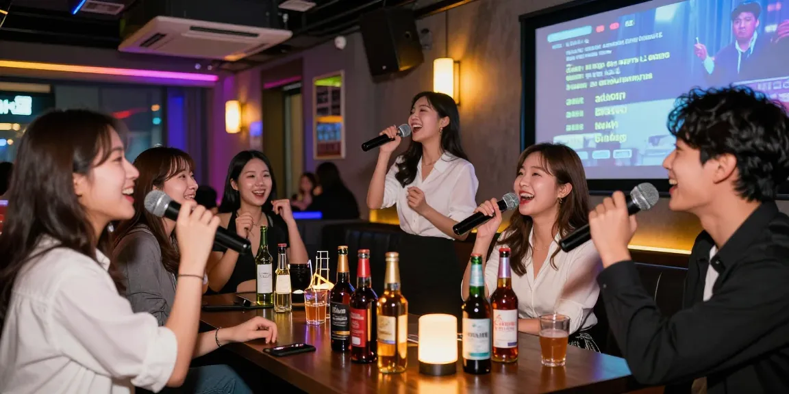 Incheon쓰리노 vibrant nightlife experience with friends enjoying karaoke in a stylish bar setting.