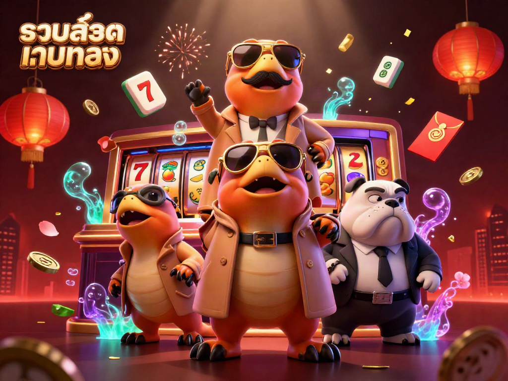 Engage with the excitement of รวมสล็อตเว็บตรง at a VIP casino lounge featuring cartoon raptors and a bulldog bouncer.