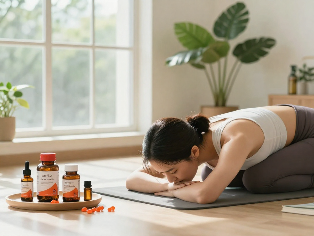 Young woman practicing yoga in a serene wellness studio with astaxanthin softgels on display.