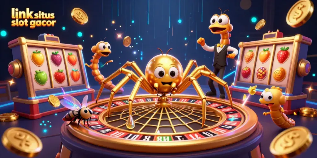 Bermain di link situs slot gacor dengan semangat, menggambarkan laba-laba emas dan pengedar bercentipede.