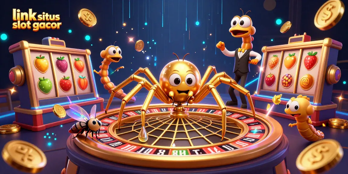 Bermain di link situs slot gacor dengan semangat, menggambarkan laba-laba emas dan pengedar bercentipede.