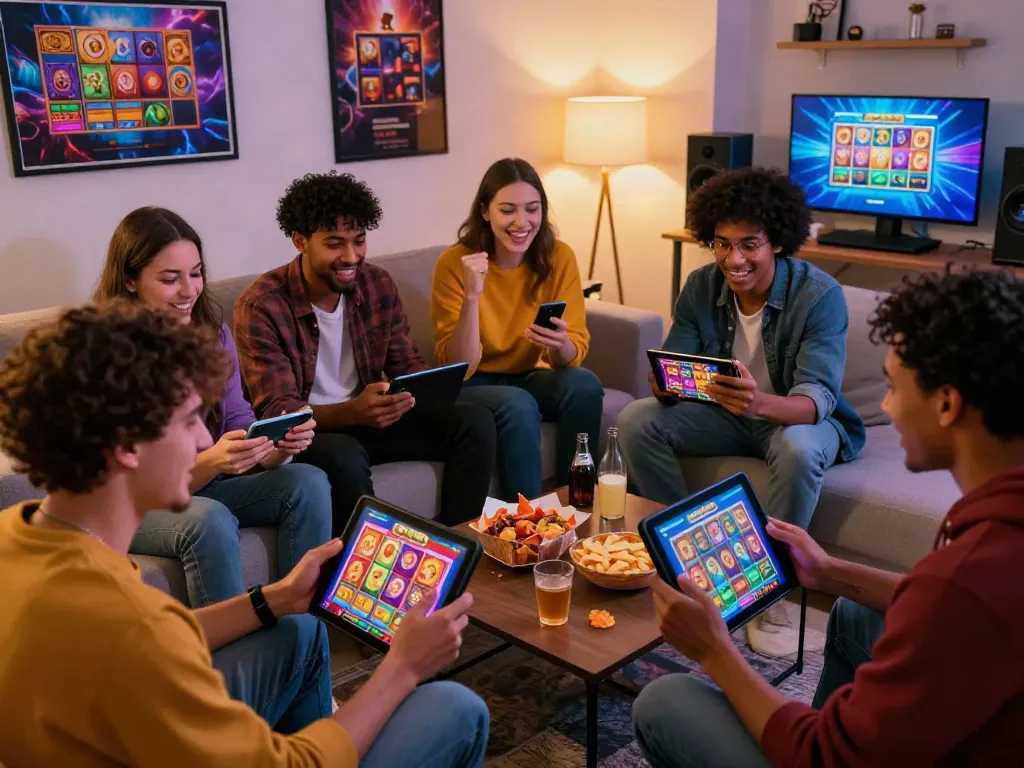 Friends enjoying a lively online slot game experience together while celebrating a jackpot win.