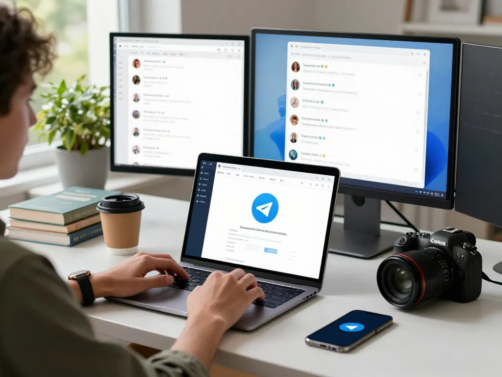 Engaged user navigating Telegram 中文 interface on a modern laptop in a bright workspace.