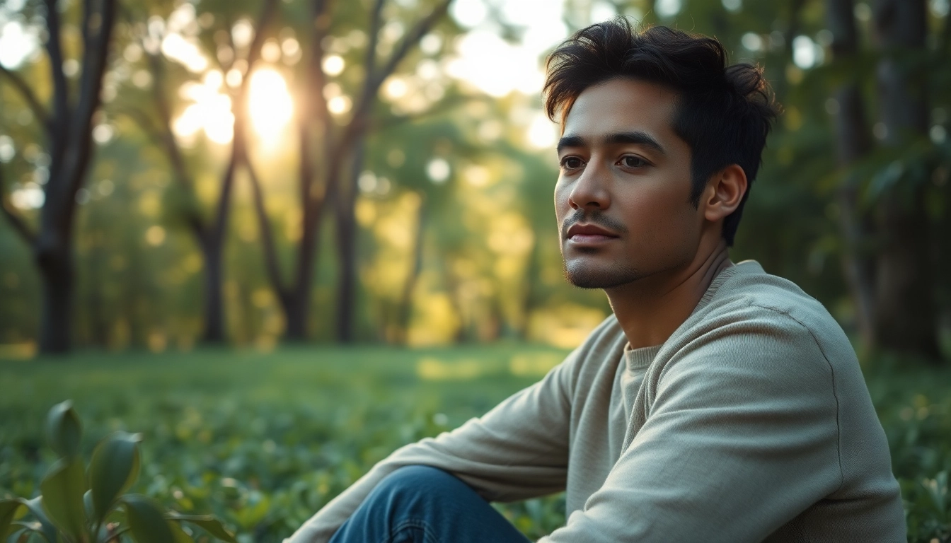 Illustration depicting depression symptoms through contemplative individual in nature.