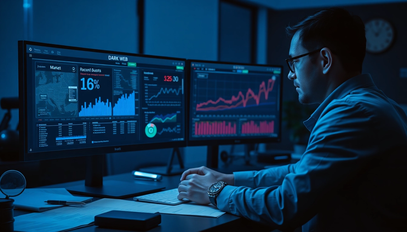 The hidden wiki analysis by a digital forensic investigator in a modern office, showcasing dark web elements.