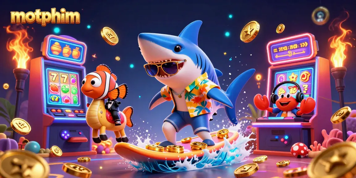Experience motphim’s vibrant casino adventure with a surfing shark and whimsical sea creatures.