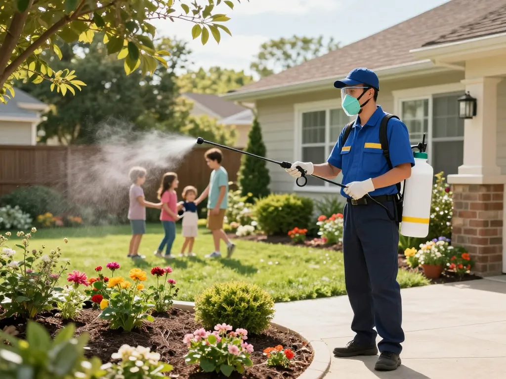 Pest control technician applying eco-friendly insecticide in a backyard for effective pest prevention.