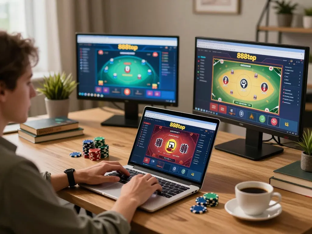 Player engaging with 888top online gambling interface at home, showcasing modern gaming setup and atmosphere