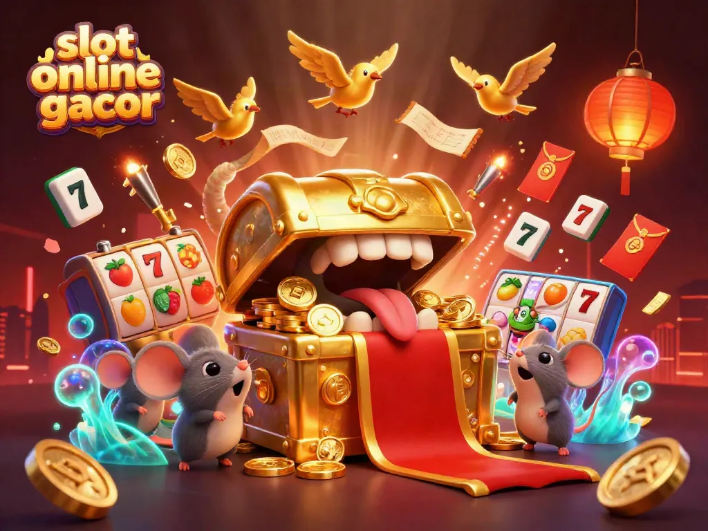 Melihat keseruan slot online gacor dengan peti harta yang mengundang dan simbol keberuntungan yang berkilau.