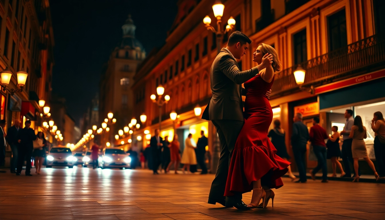 Dansande par i Buenos Aires tango resa på livlig gata med romantisk atmosfär.