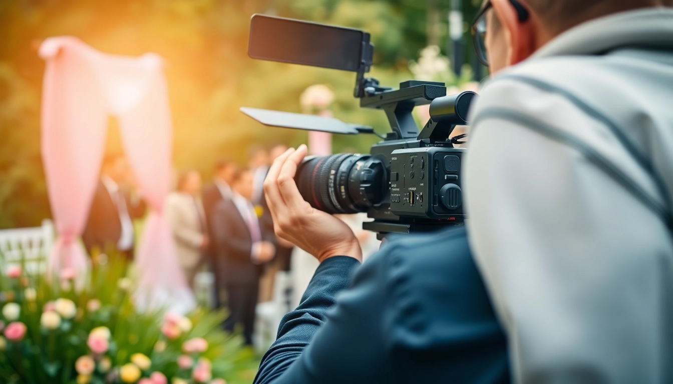 Capture on-site videography of a wedding celebration featuring a professional videographer.