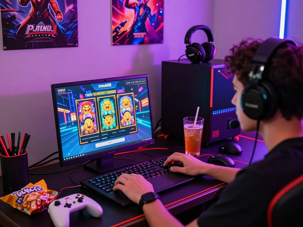 Player engaging with rokok88 slot login in a colorful gaming room, vibrant visuals.