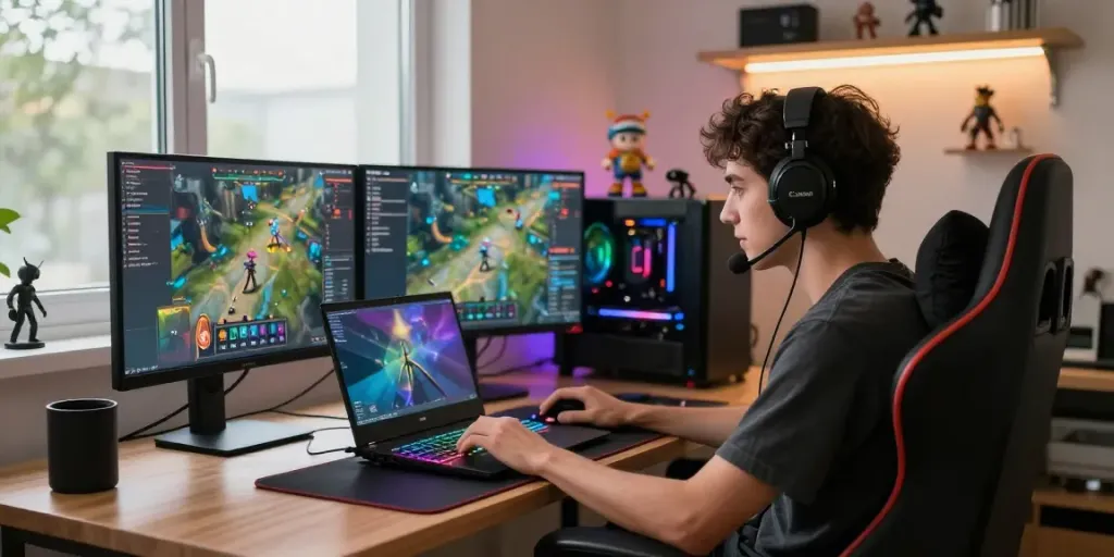 Dynamic gaming setup showcasing luxury333 technology in a vibrant home office.
