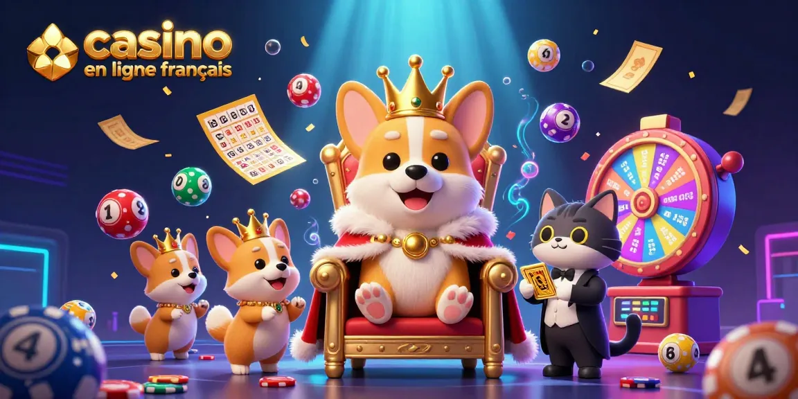 Visualisez l'univers du casino en ligne francais avec un corgi royal et des éléments de jeu dynamiques.