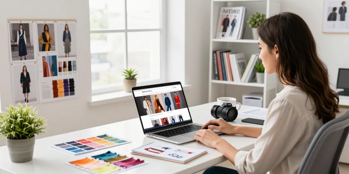 Fashion consultant working on https://shs-dome5.com/ in a vibrant workspace with product samples.
