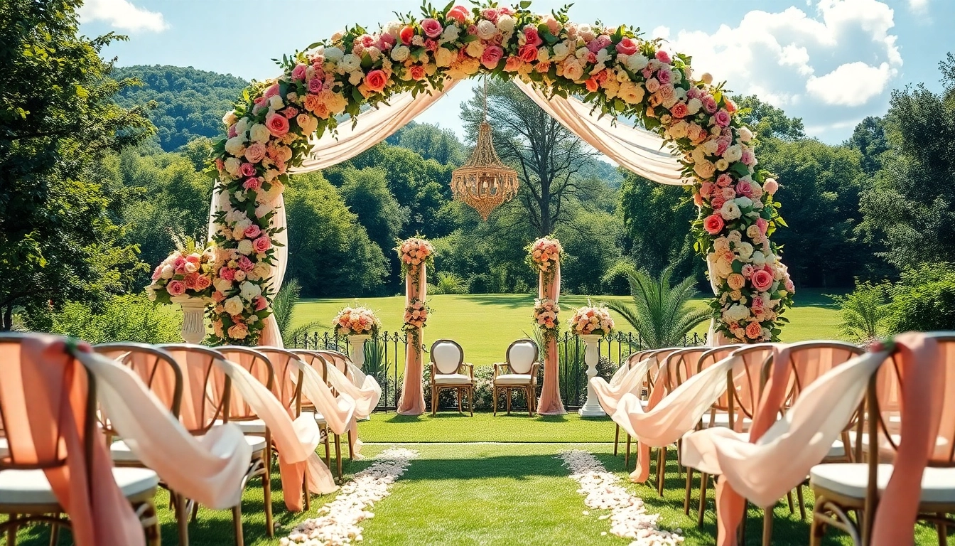 View of a beautiful Weddings Venue showcasing floral decorations and elegant seating arrangements.