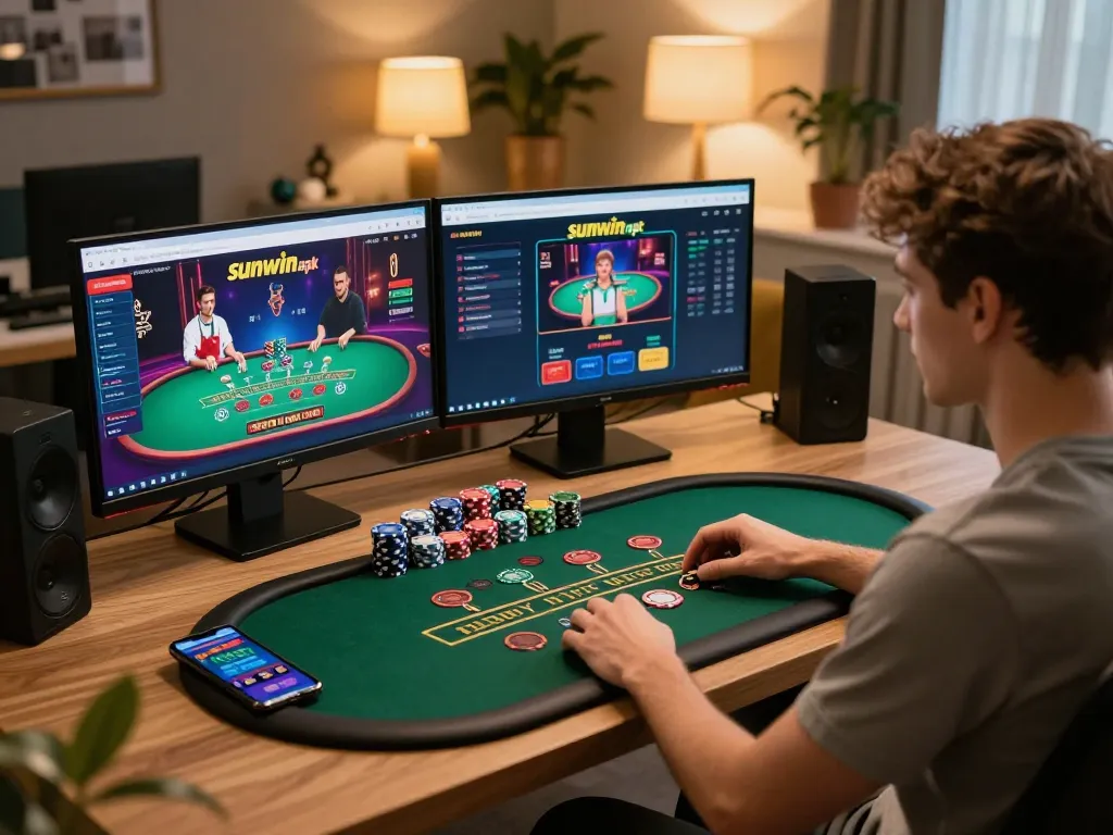 Player engaging with sunwinapk interface during a thrilling online blackjack game at home