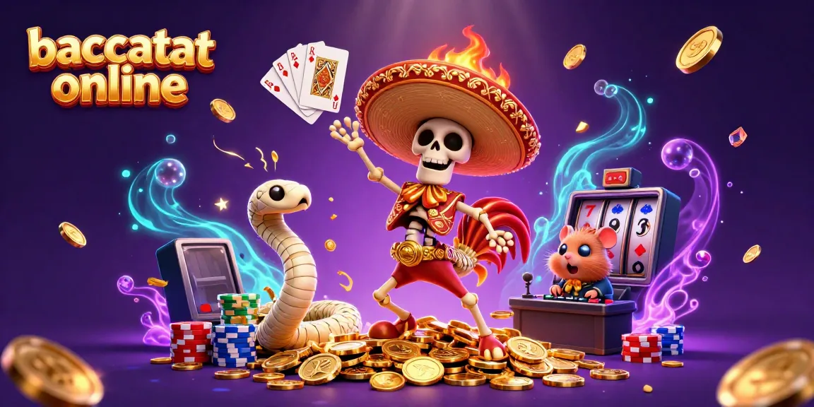 Experience baccarat online in a vibrant scene featuring animated characters and casino elements.