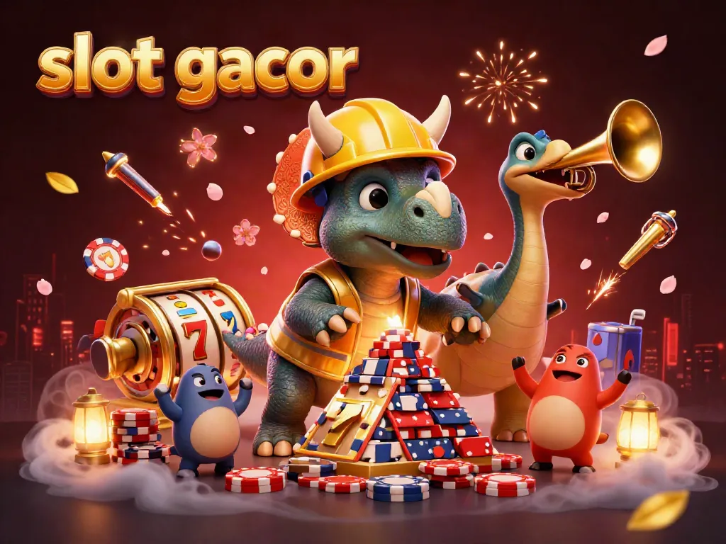 Gambarkan suasana slot gacor dengan triceratops membangun tumpukan chip poker di festival dengan meriah.