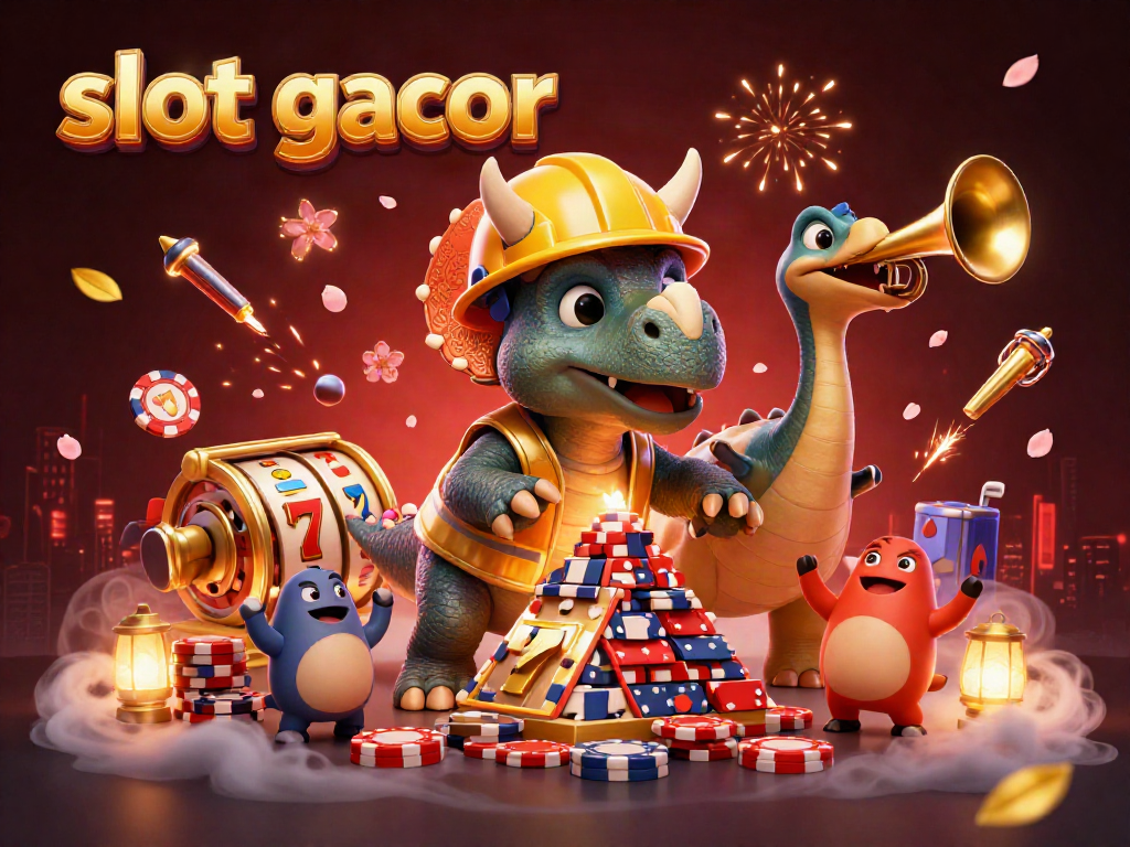 Gambarkan suasana slot gacor dengan triceratops membangun tumpukan chip poker di festival dengan meriah.