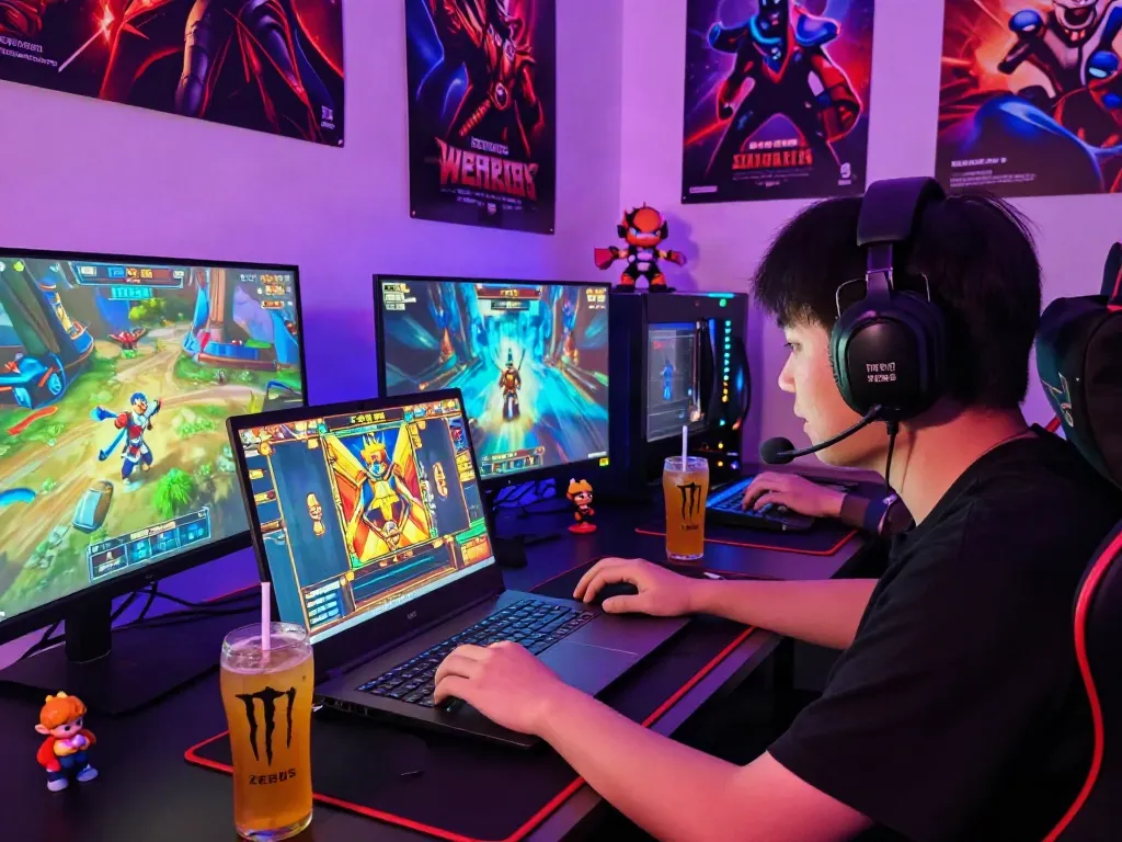 Pemain utama menikmati permainan slot zeus dengan laptop dan grafik cerah di ruang permainan yang nyaman.