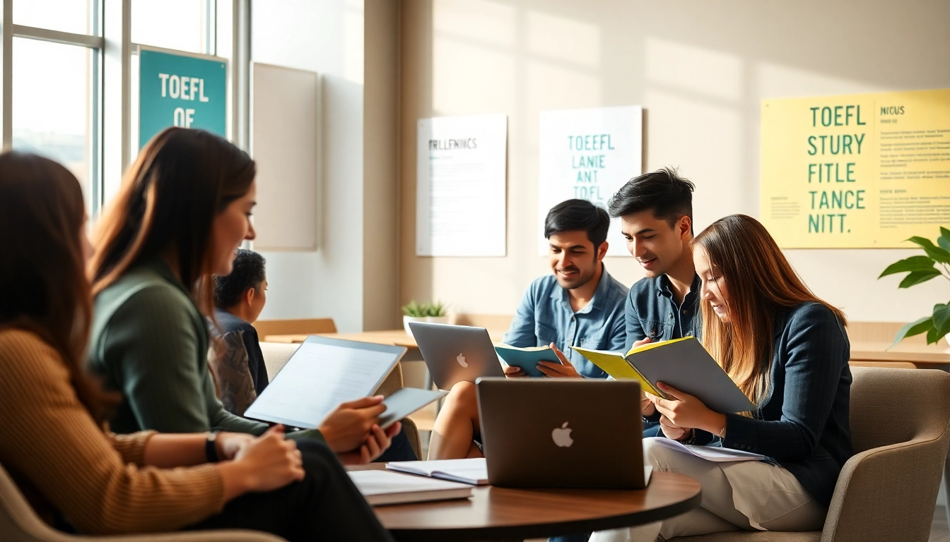 Engaged TOEFL test takers for hire collaborating in a bright, modern workspace.