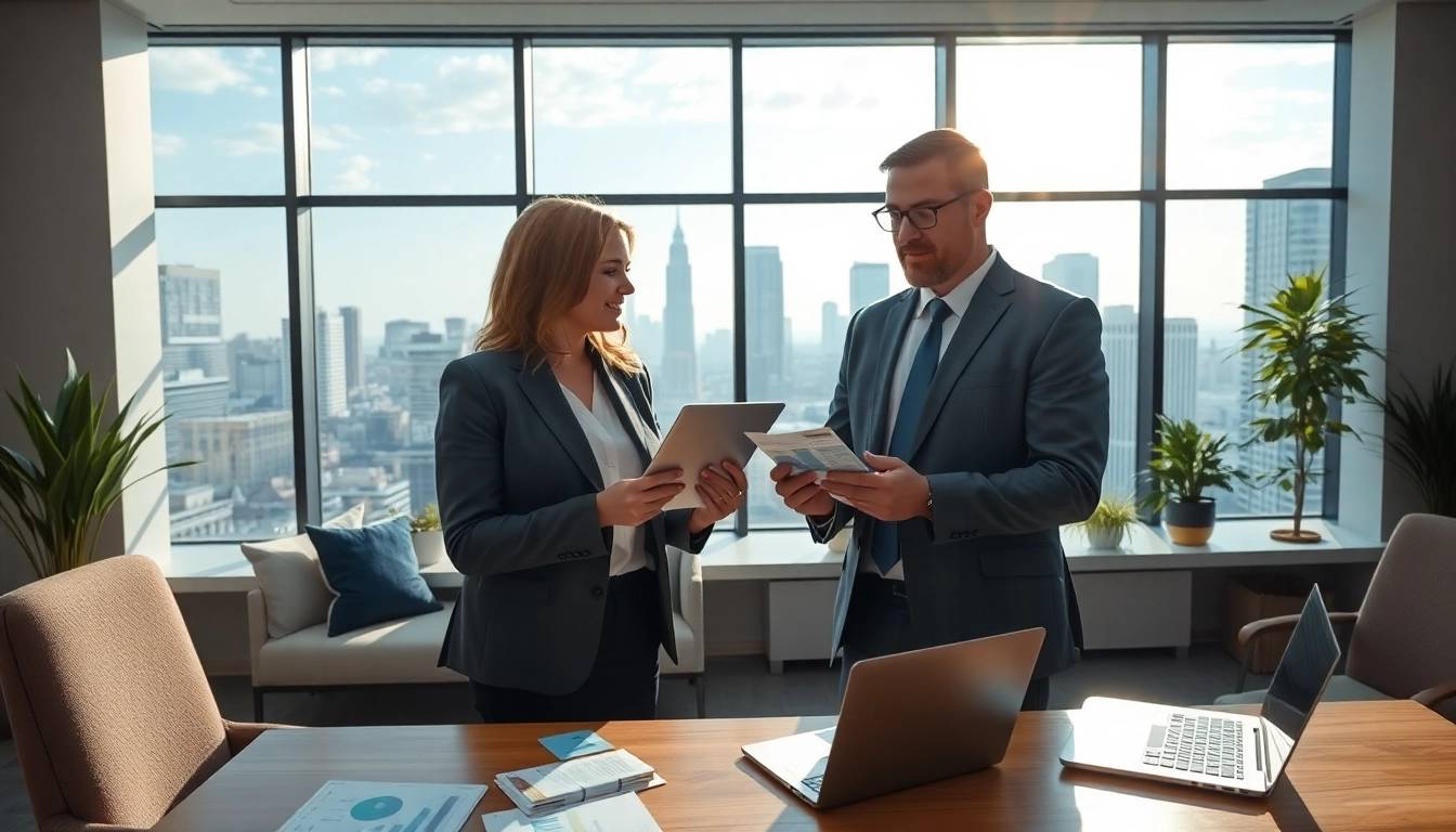 Showcasing real estate agent in a modern office environment, engaging with clients.