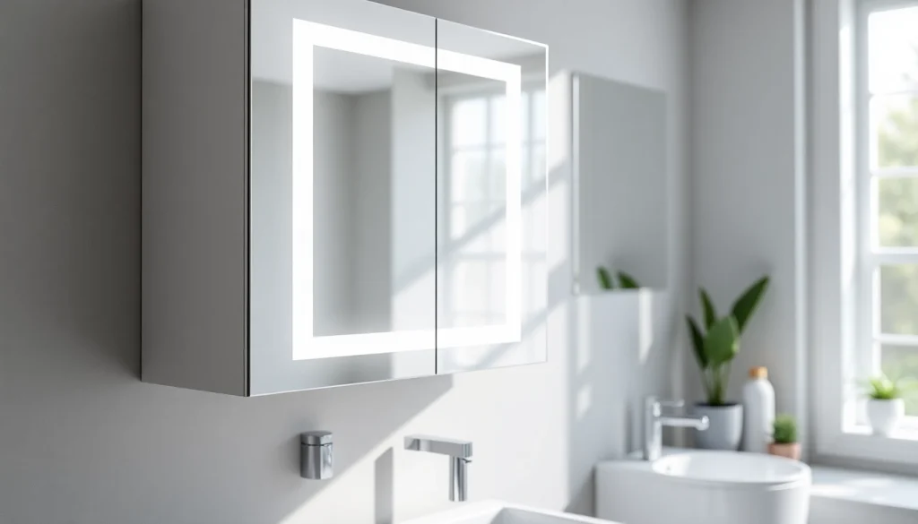 Spiegelschrank mit LED Beleuchtung in modernem Badezimmer-Design beleuchtet, stilvoll und funktional.