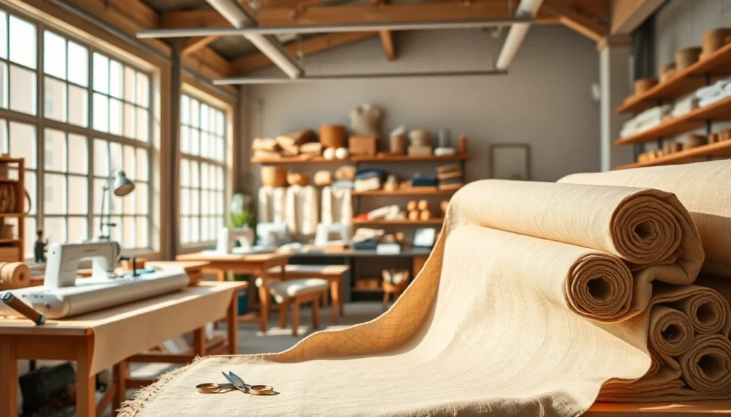 Bekijk ongebleekt katoenrollen in een sfeervolle naaiwerkplaats met rijke texturen.